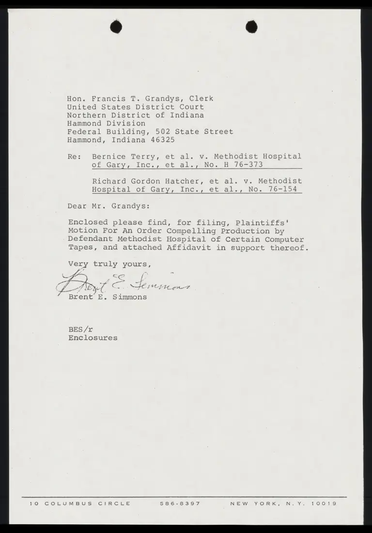 Correspondence from Simmons to Clerk Re: Motion for an Order preview