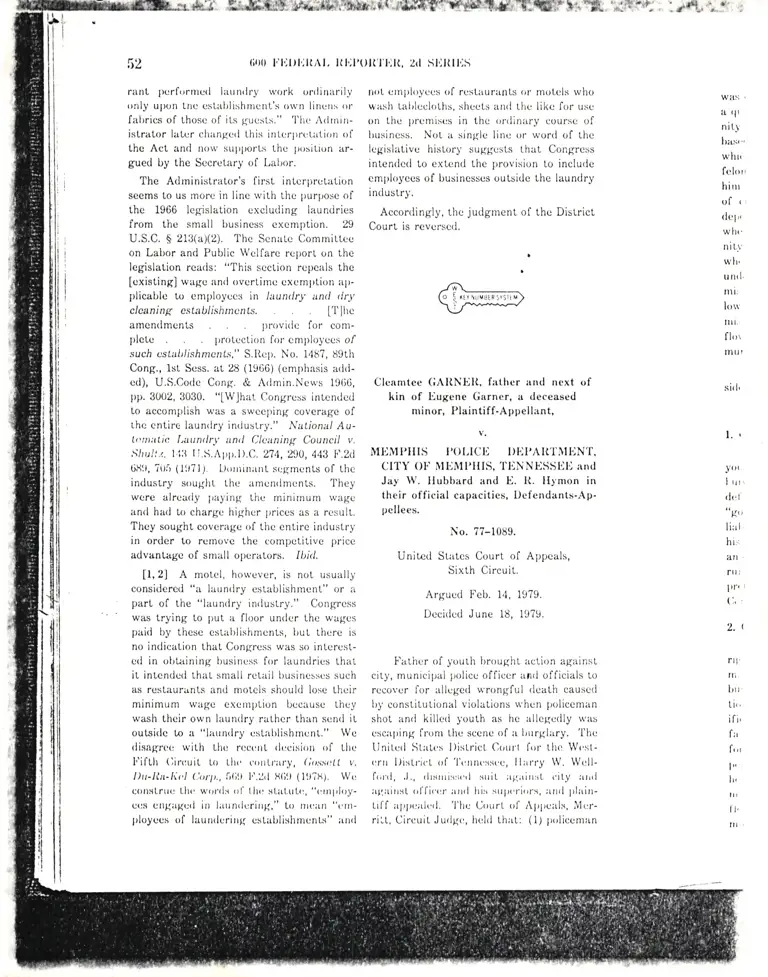 Garner v. Memphis Police Department Sixth Circuit Court Opinion preview