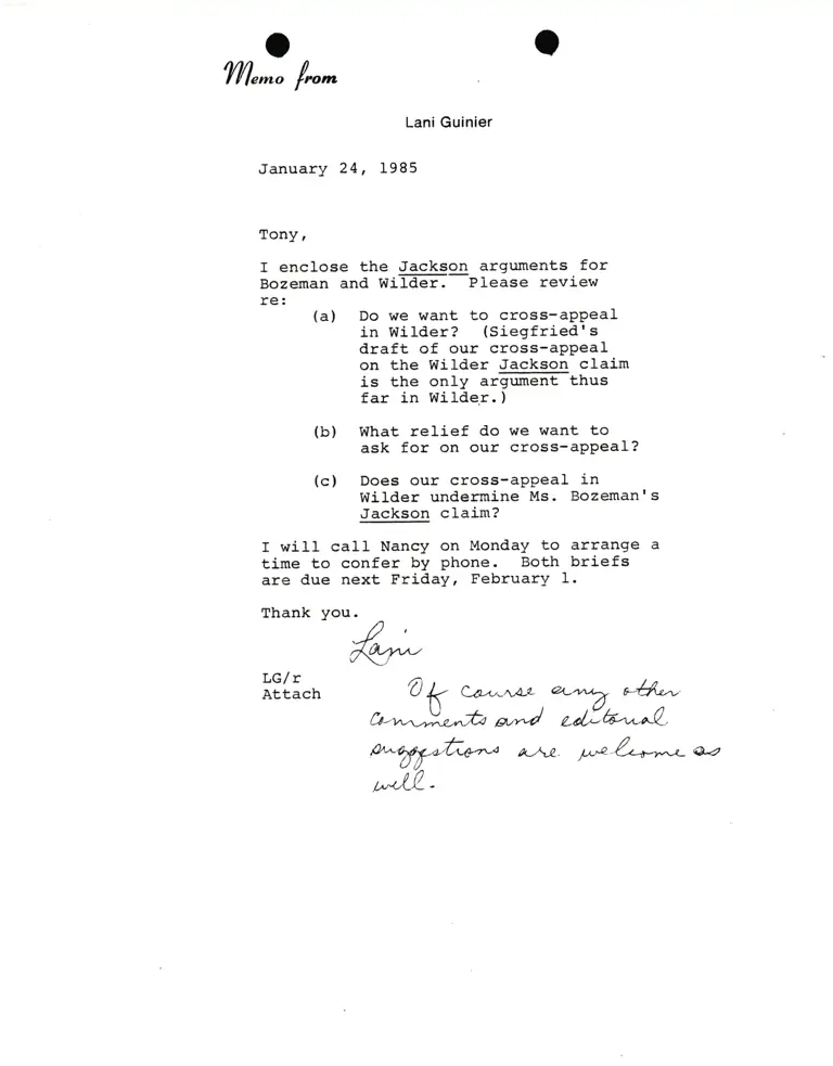 Correspondence from Lani Guinier to Tony (Amsterdam) Re Bozeman and Wilder v. Lambert preview