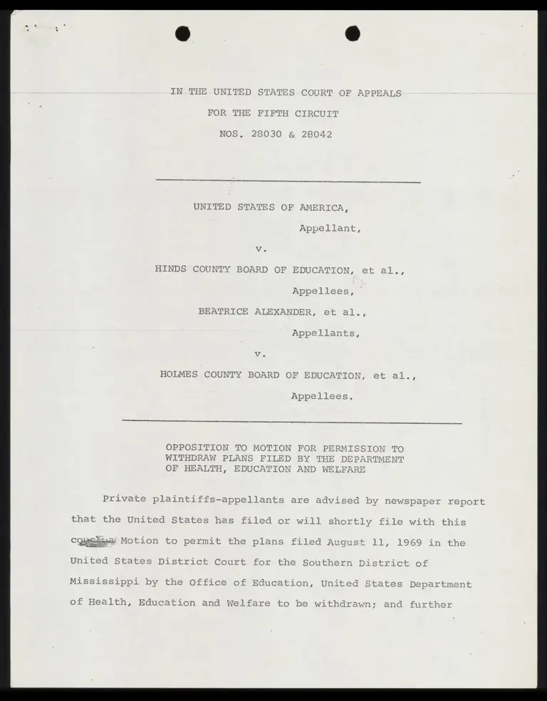 Opposition to Motion for Permission to Withdraw Plans Filed by the Department of Health, Education and Welfare preview