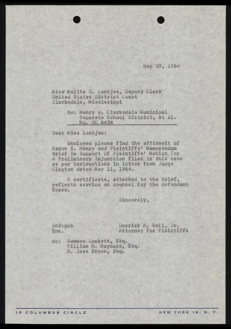 Correspondence from Bell to Clerk Re: Plaintiffs' Memorandum preview