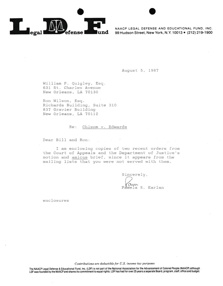 Correspondence from Pamela Karlan to William P. Quigley and Ron Wilson Re: Chisom v. Edwards preview