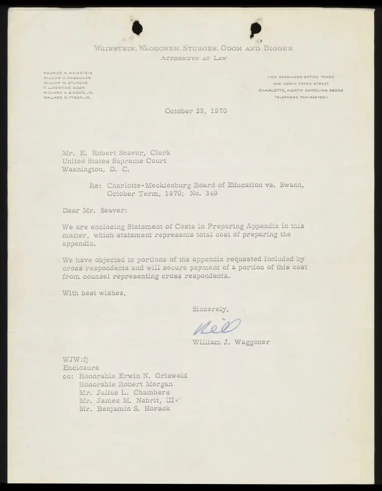 Correspondence from Waggoner to Clerk Re: Statement of Costs preview