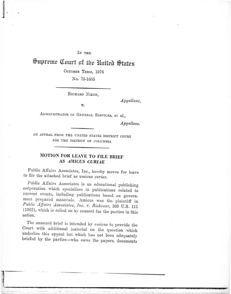 Nixon v. Administrator of General Services Motion for Leave to File and Brief Amicus Curiae preview