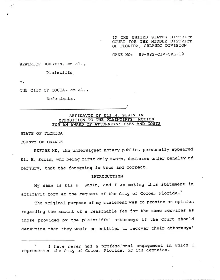 Houston v. City of Cocoa Affidavit of Eli H. Subin preview