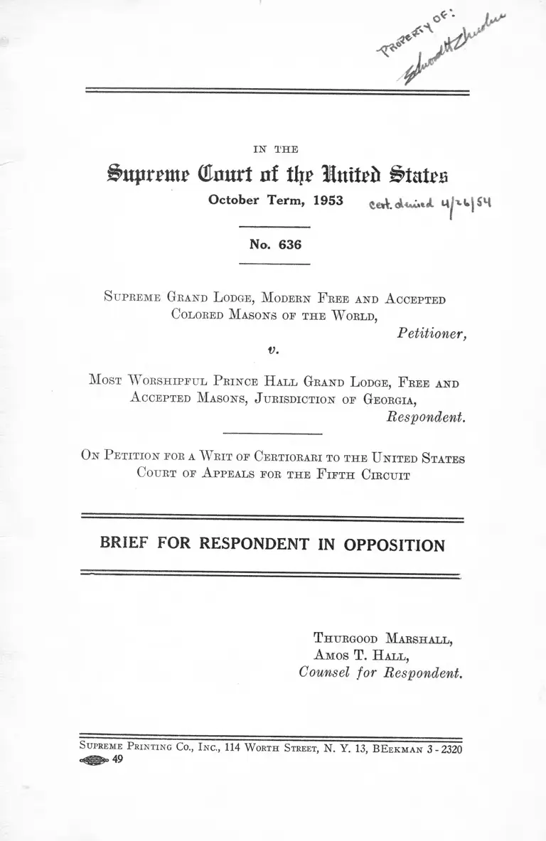 Supreme Grand Lodge, Modern Free and Accepted Colored Masons of the World v. Most Worshipful Prince Hall Grand Lodge, Free and Accepted Masons, Jurisdiction of Georgia Brief for Respondent in Opposition preview