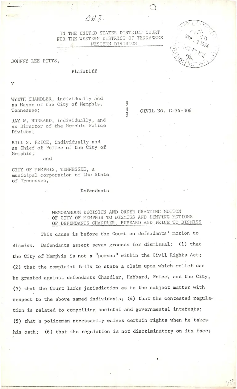 Pitts v. City of Memphis Memorandum Decision and Order Granting Motion to Dismiss preview