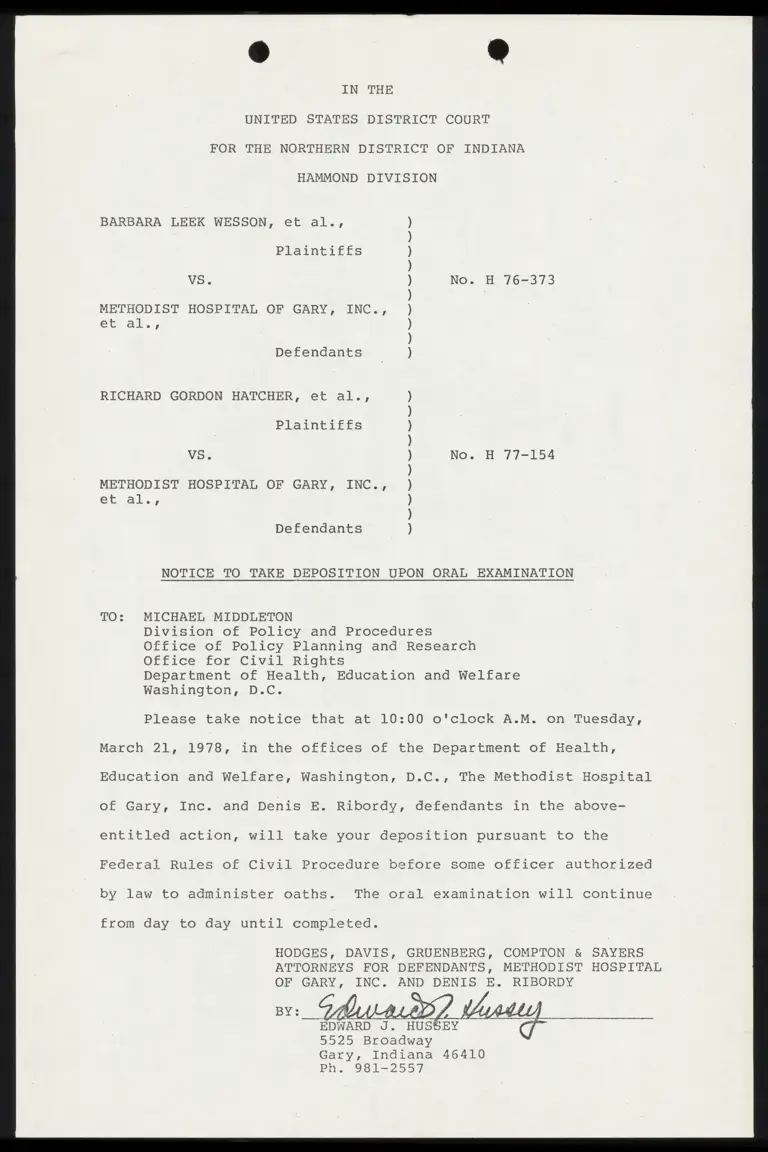 Notice to Take Deposition Upon Oral Examination to Middleton, Sanders; Affidavit of Service preview