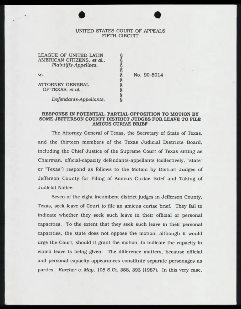 Response in Potential, Partial Opposition to Motion by Some Jefferson County District Judges for Leave to File Amicus Curiae Brief preview