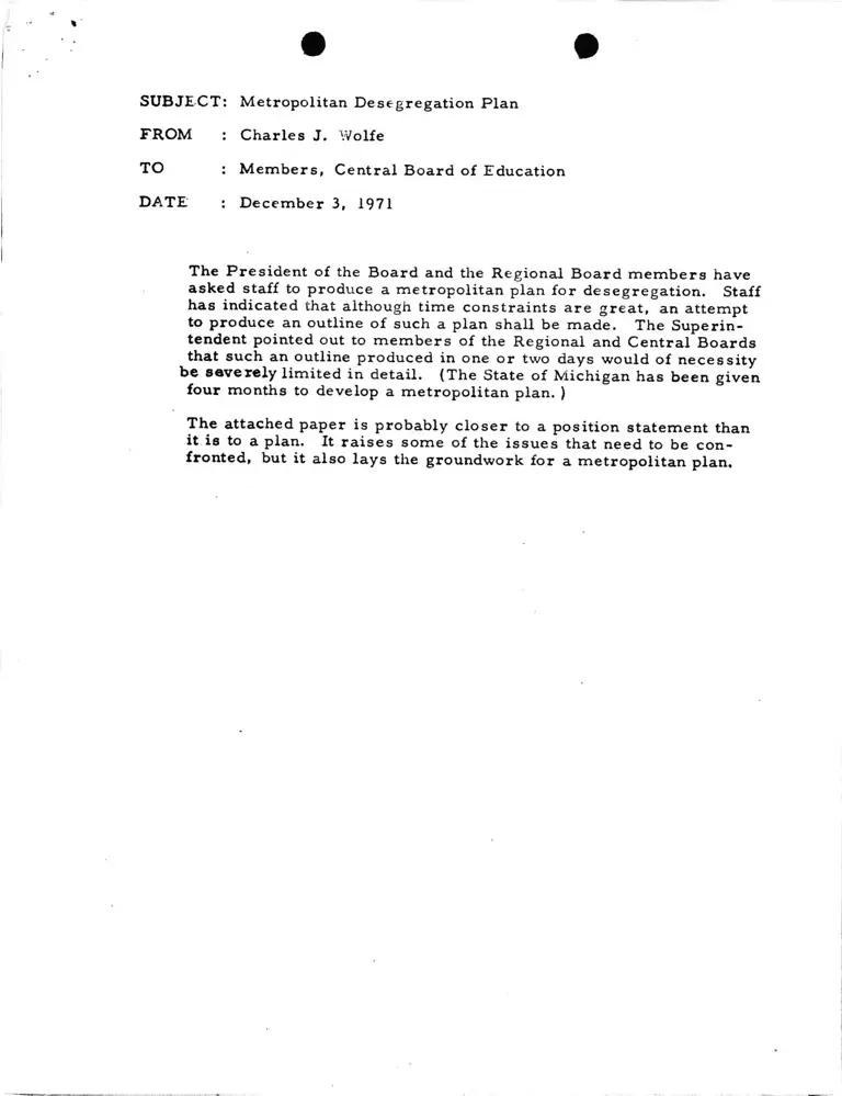 Correspondence from Wolfe to Central Board of Education Re: Metropolitan Desegregation Plan preview
