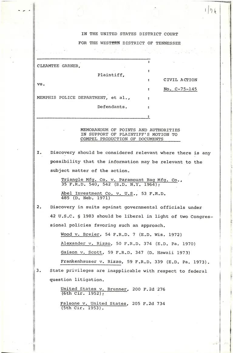 Memorandum of Points and Authorities in Support of Plaintiff’s Motion to Compel Production of Documents preview