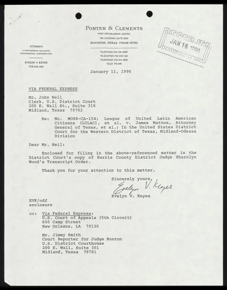 Correspondence from Keyes to Clerk Re: Wood Transcript Order preview