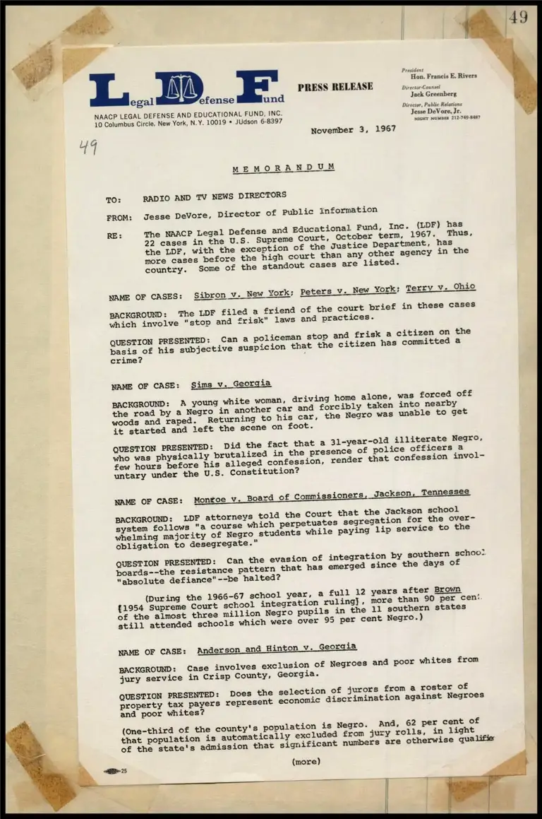Memorandum re: List of Outstanding LDF Cases Before U.S. Supreme Court preview