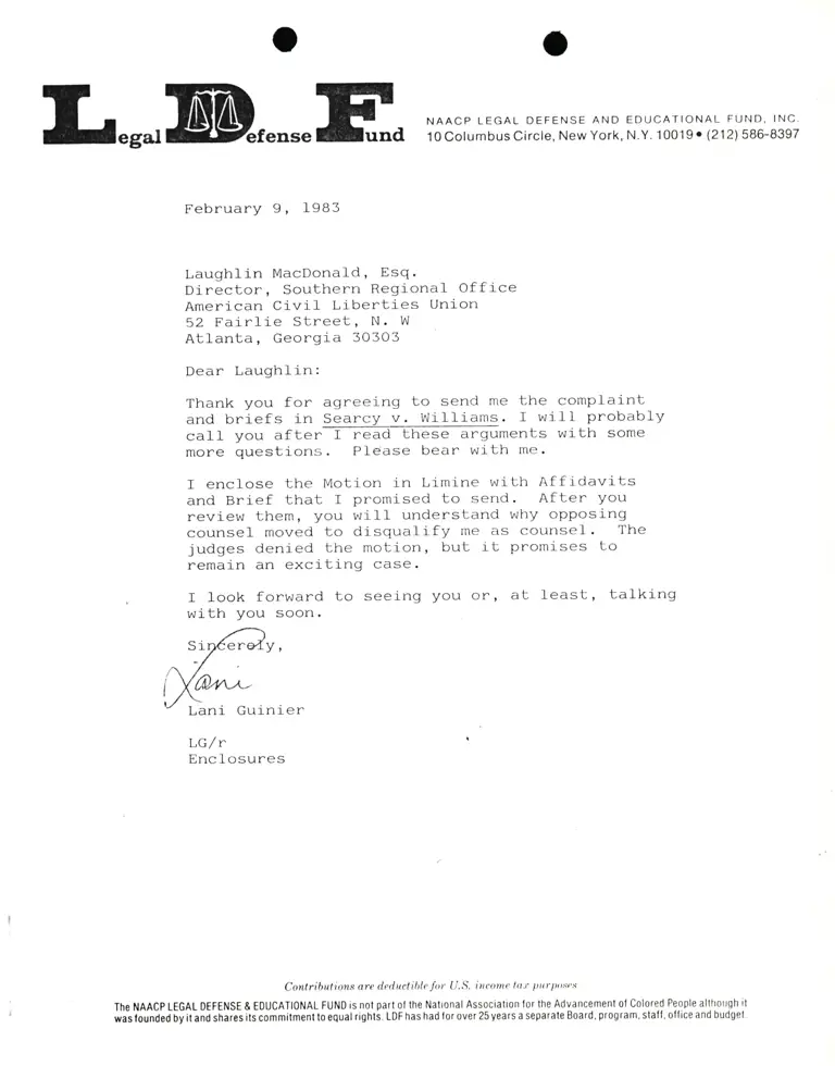 Correspondence from Lani Guinier to Laughlin MacDonald Re: Searcy v. Williams preview