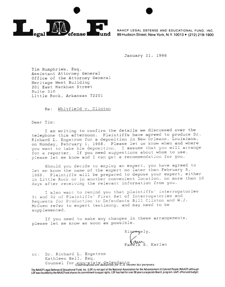 Correspondence from Pamela Karlan to Tim Humphries Re Whitfield v. Clinton preview