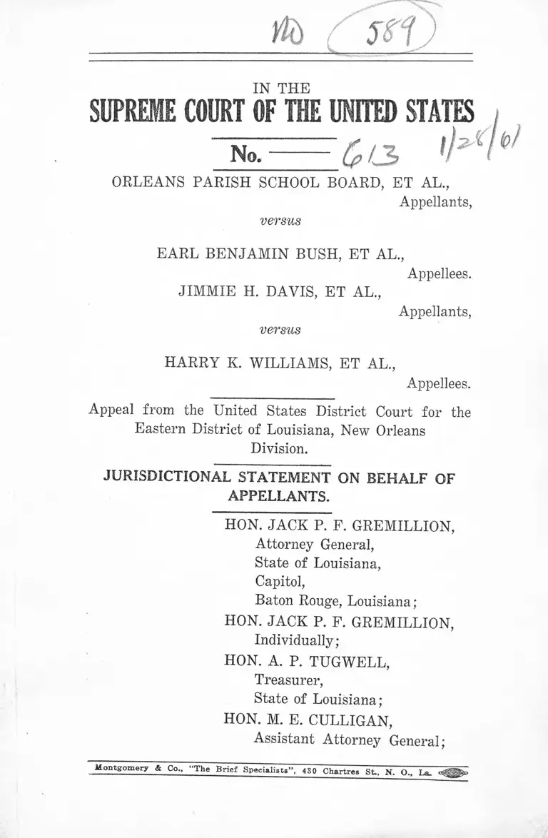 Orleans Parish School Board v. Bush Jurisdictional Statement on Behalf of Appellants preview