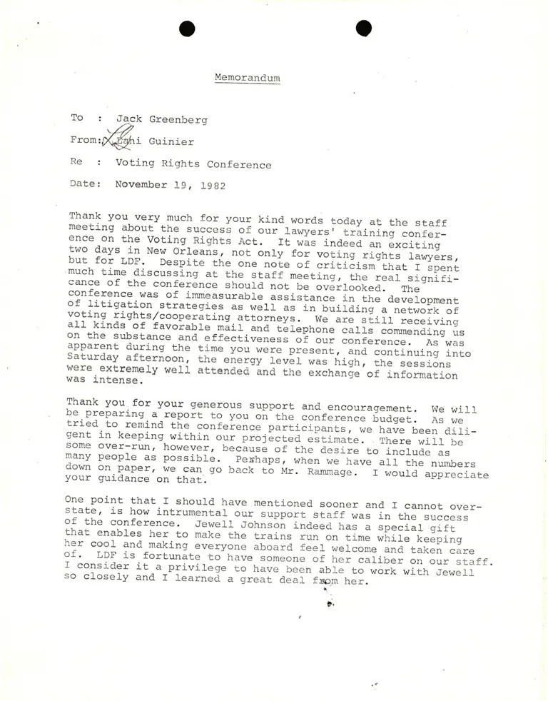 Memo from Lani Guinier to Jack Greenberg re Voting Rights Conference preview