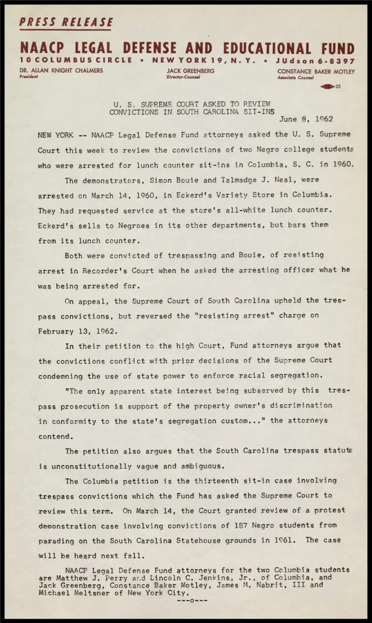 U.S. Supreme Court Asked to Review Convictions in South Carolina Sit-Ins preview