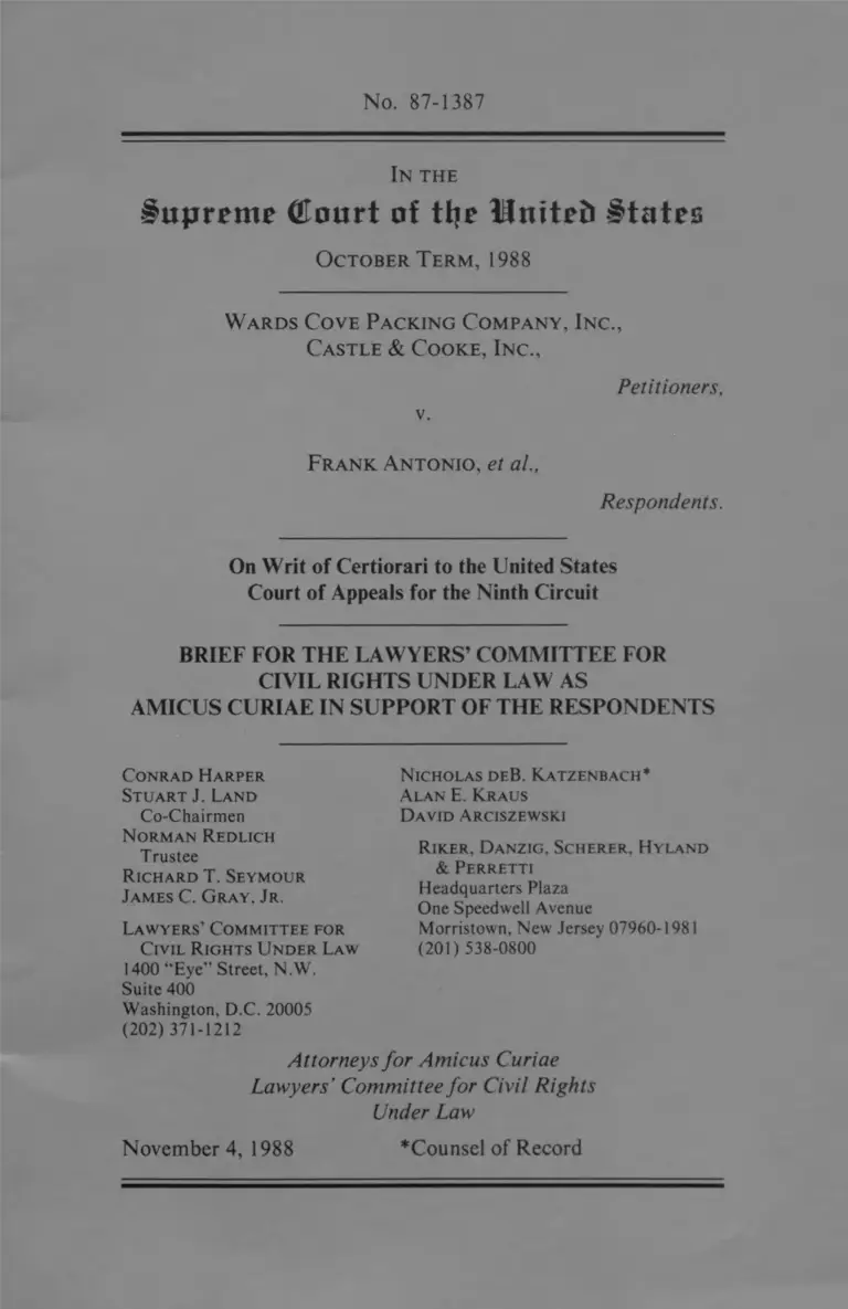 Wards Cove Packing Company, Inc. v. Antonio Brief Amicus Curiae in Support of Respondents preview
