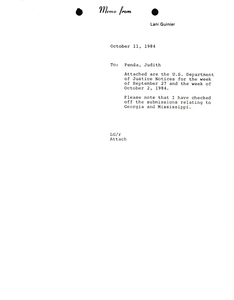 Memo from Lani Guinier to Penda Hair and Judith Reed Re Justice notices preview