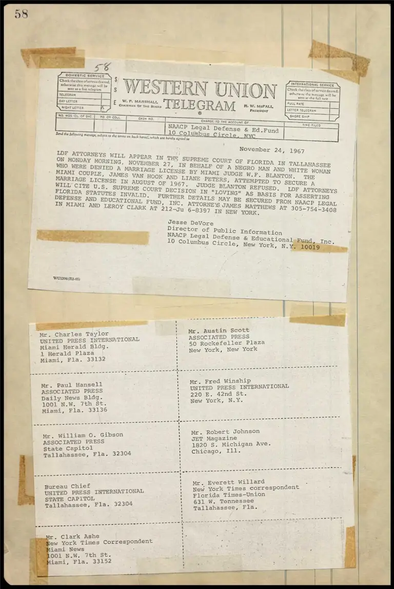 LDF Attorneys Will Appear in Supreme Court of Florida in Tallahassee in Behalf of Negro Man and White Woman Denied Marriage License (Telegram) preview