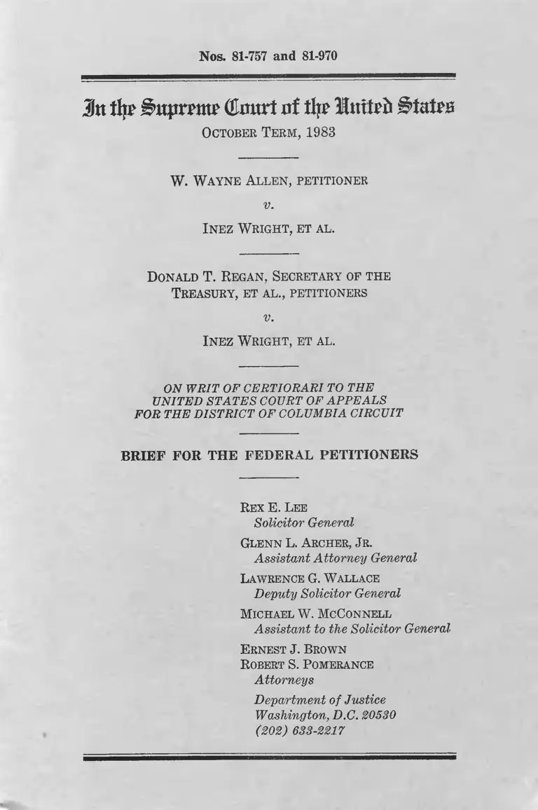 Allen v. Wright and Regan v. Wright Brief for the Federal Petitioners preview