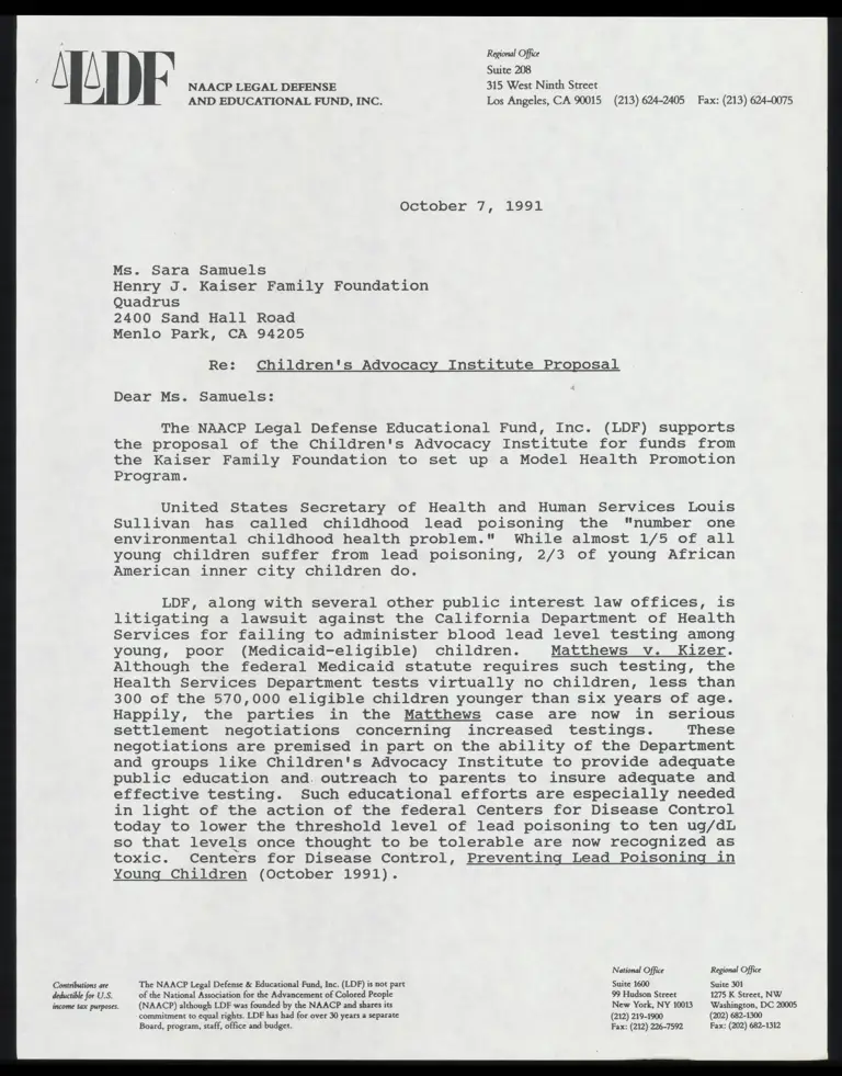 Correspondence from Lee to Samuels Re: Children's Advocacy Institute Proposal preview