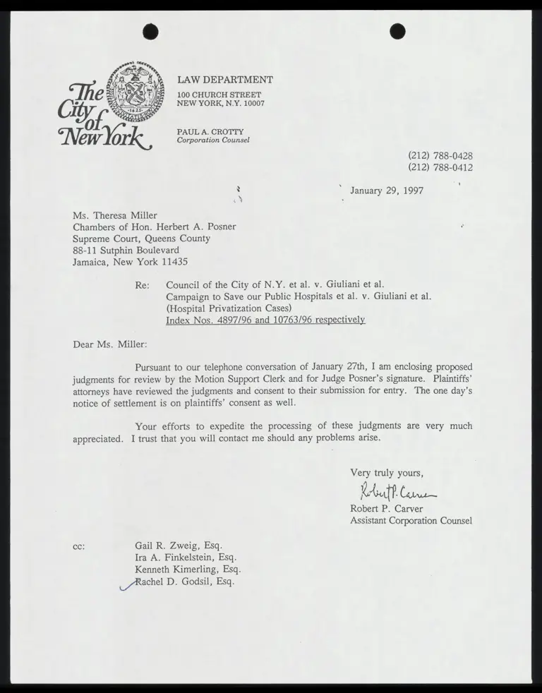 Copy of Letter to Miller from Carver Re: Proposed Judgements for Review and Signature preview