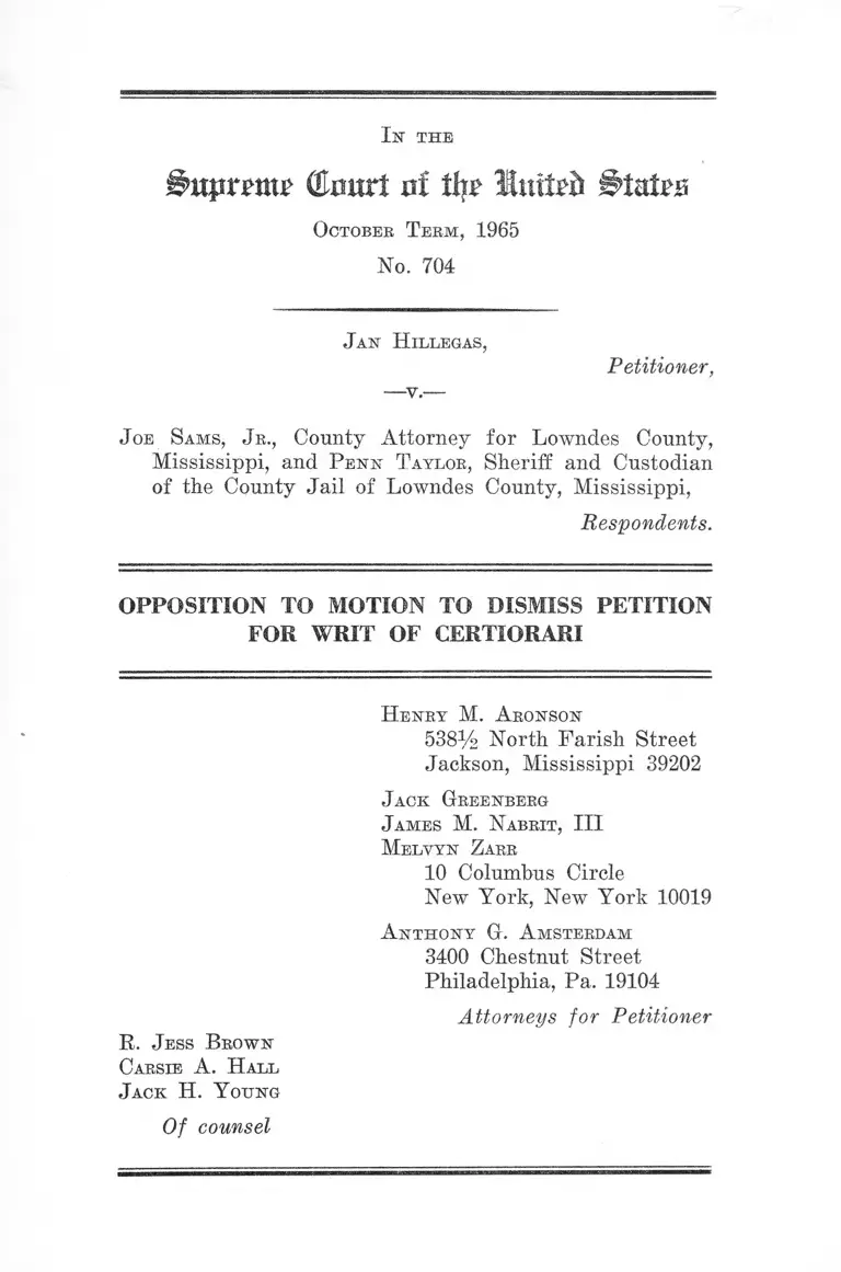 Hillegas v. Sams Opposition to Motion to Dismiss Petition for Writ of Certiorari preview