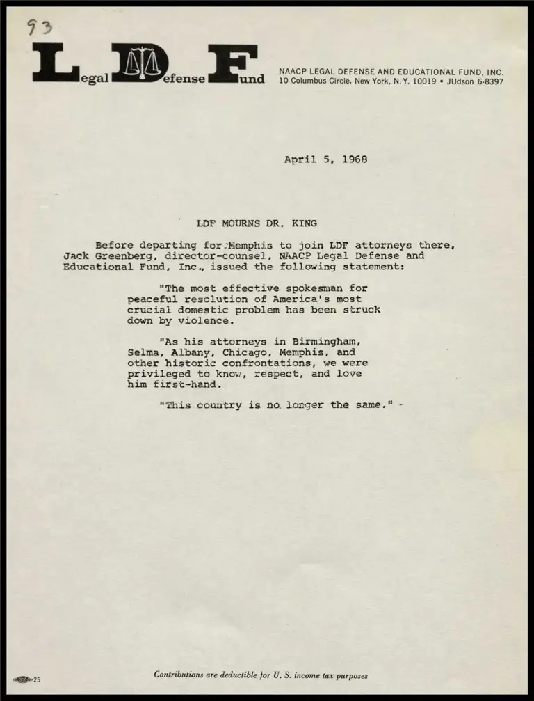 Greenberg Statement - LDF Mourns Dr. King; Greenberg Statement on Desegregation of Public Accommodations preview