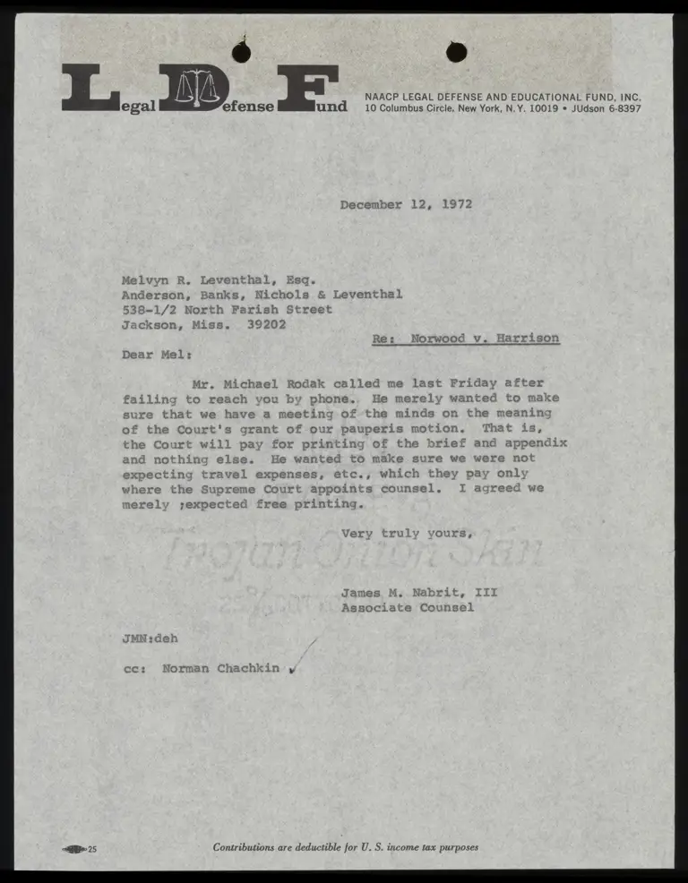 Correspondence from Nabrit to Leventhal Re: Pauperis motion preview