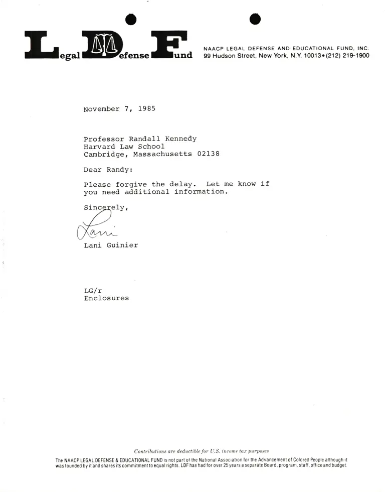 Correspondence from Lani Guinier to Prof. Randall Kennedy (Harvard Law School) preview