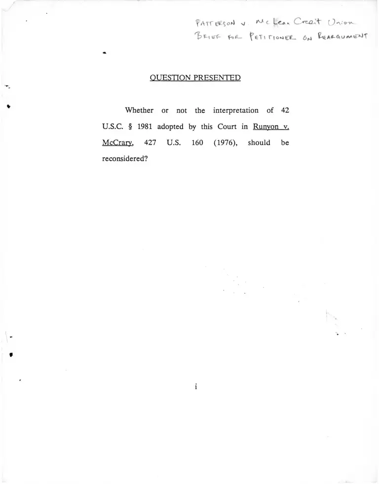 Patterson v. McLean Credit Union Brief for Petitioner on Reargument preview