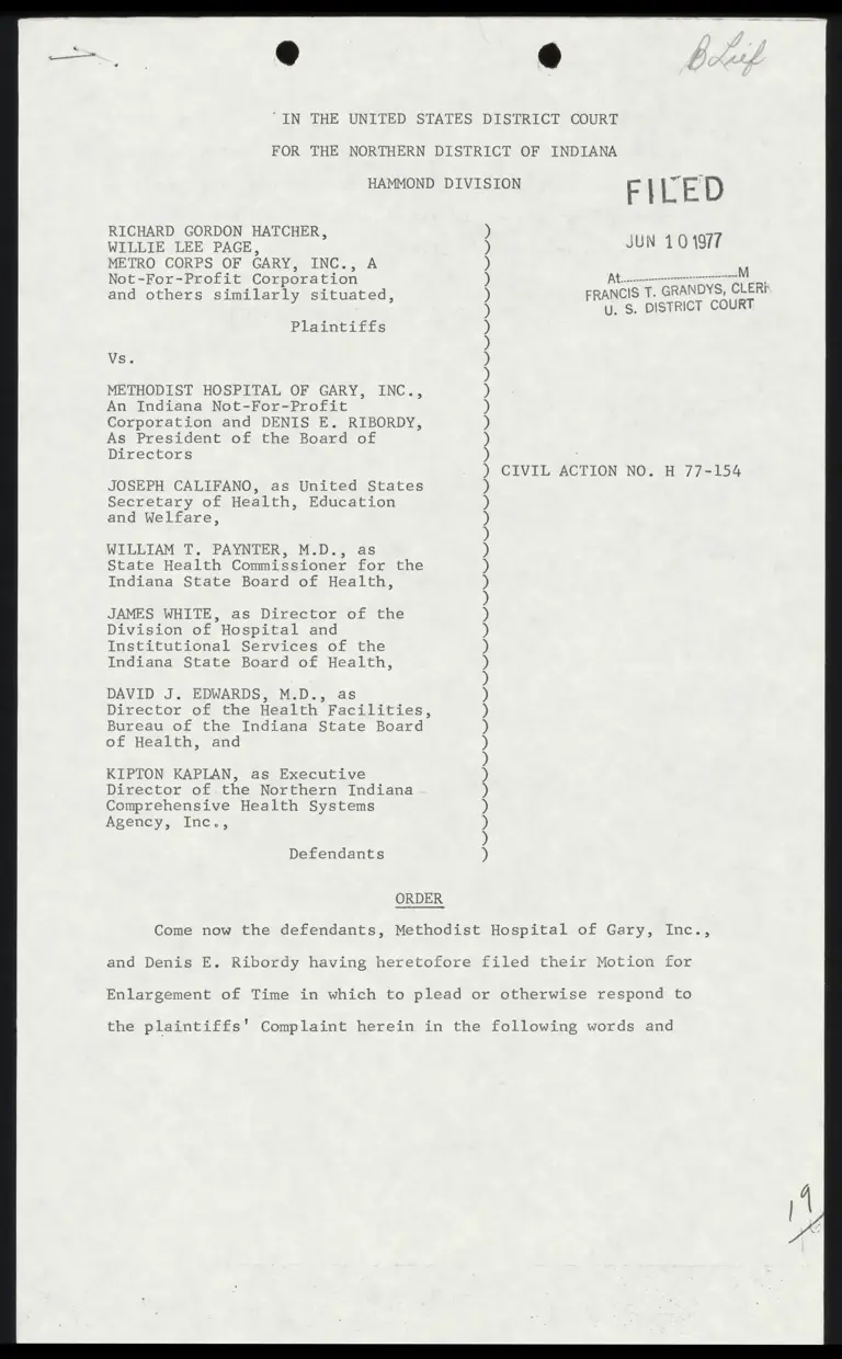 Order granting defendants' motion For Enlargement of Time preview