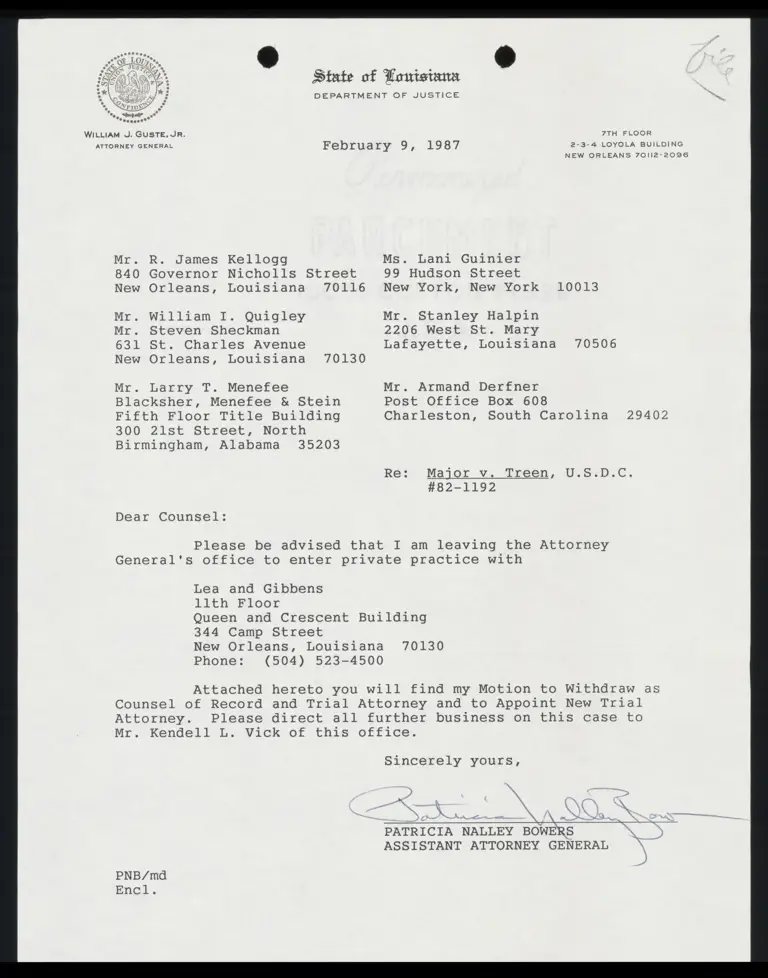 Correspondence from Bowers (Assistant Attorney General) to Kellogg, Quigley, Menefee, Guinier, Halpin, and Derfner preview