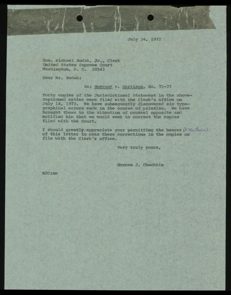 Correspondence from Chachkin to Clerk Re: Jurisdictional statement corrections preview