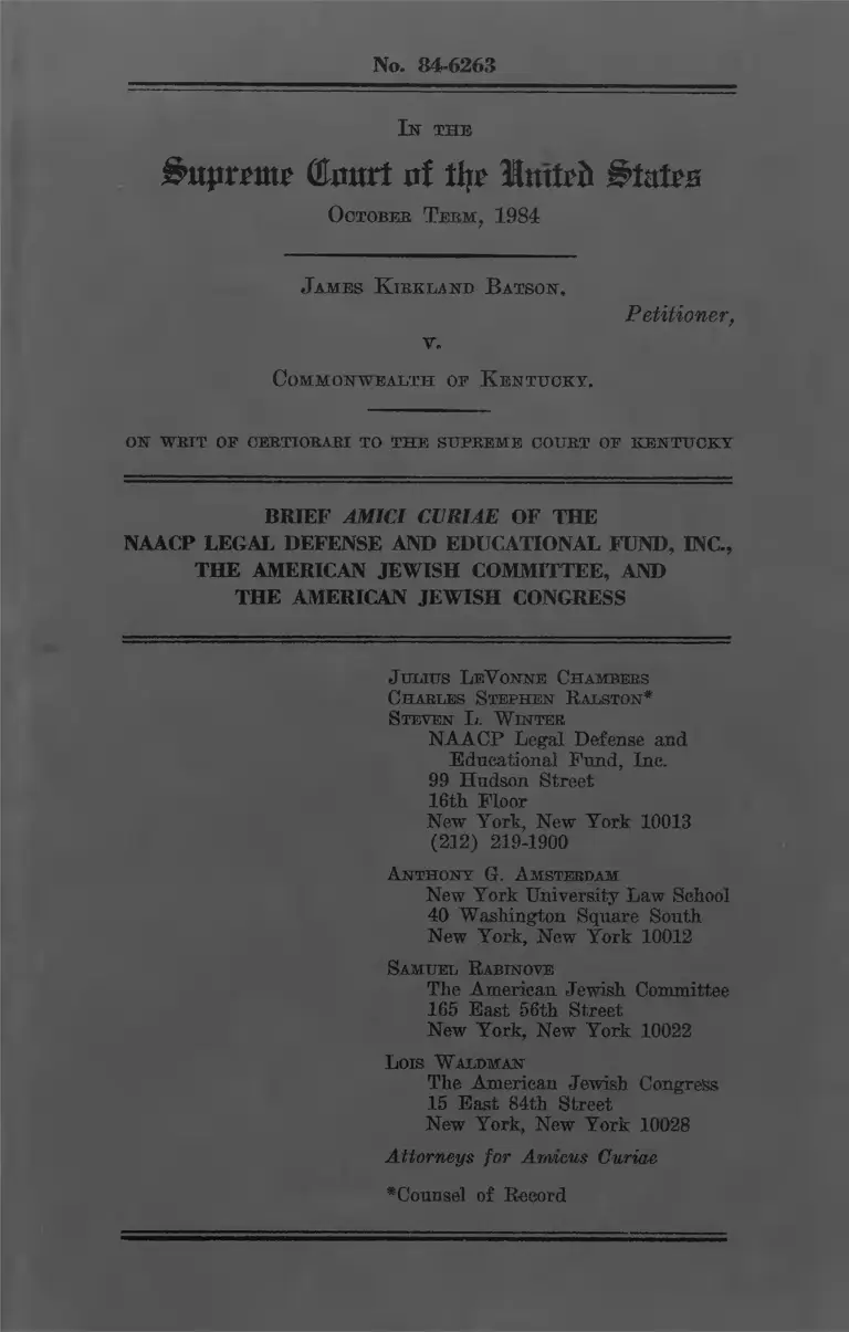 Batson v. Kentucky Brief Amici Curiae of the NAACP Legal Defense and Educational Fund, The American Jewish Committee, and the American Jewish Congress preview