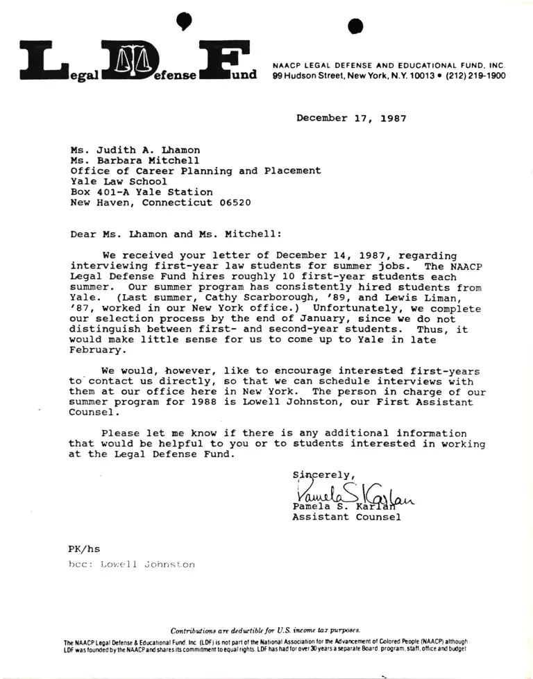 Correspondence from Pamela Karlan to Judish Lhamon and Barbara Mitchell (Yale Law School) preview