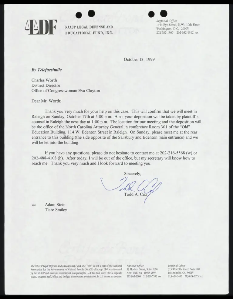 Letter from Cox to Worth confirming dates for meeting and deposition preview