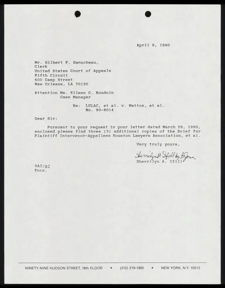 Correspondence from Ifill to Clerk Re: Brief for Houston Lawyers Association preview