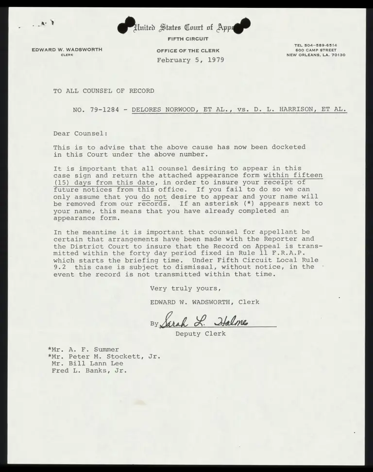 Correspondence from Clerk to Counsel Re: Docketing Number; Form for Appearance of Counsel preview