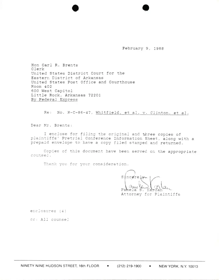 Correspondence from Pamela Karlan to Carl R. Brents (Clerk) Re: Whitfield v. Clinton preview