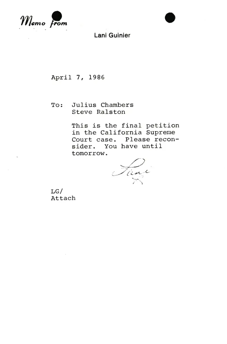 Correspondence from Lani Guinier to Julius Chambers and Steve Ralston preview