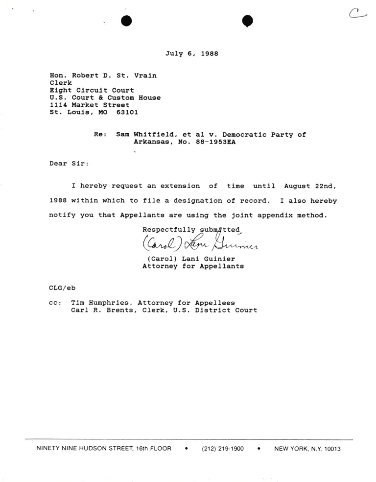 Correspondence from Lani Guinier to Robert D. St. Vrain (Clerk) Re: Whitfield v. Democratic Party of Arkansas; Appearance Form for Guinier preview