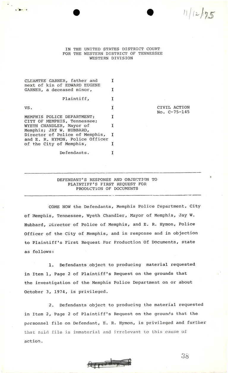 Defendant's Response and Objection to Plaintiff's First Request for Production of Documents preview
