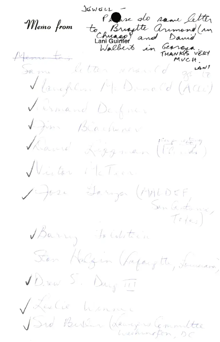 Handwritten memo from Lani Gunier to Jewell preview