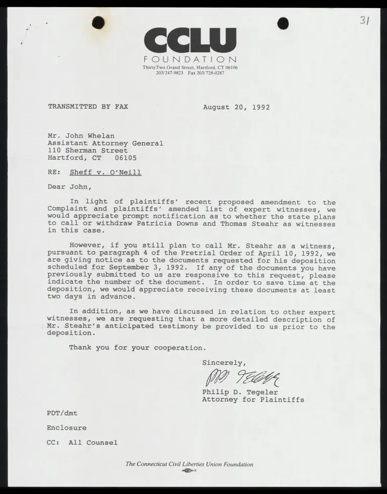 Correspondence from Tegeler to Whelan with Deposition Subpoena for Thomas Steahr preview