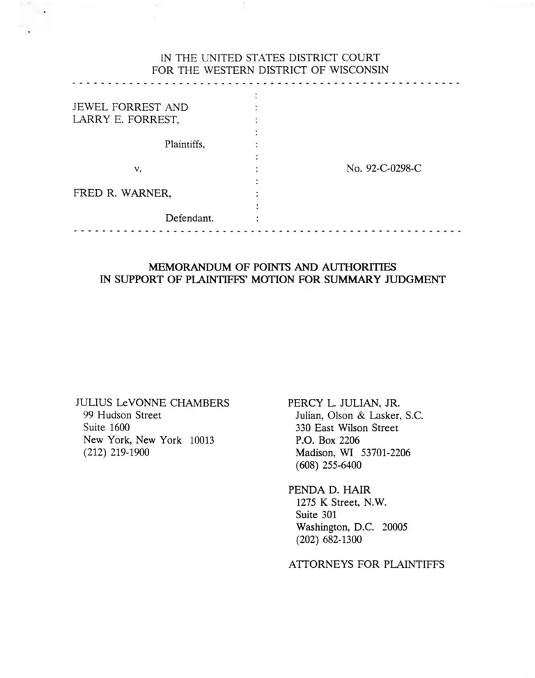 Forrest v. Warner Memorandum of Points and Authorities in Support of Plaintiffs' Motion for Summary Judgement preview