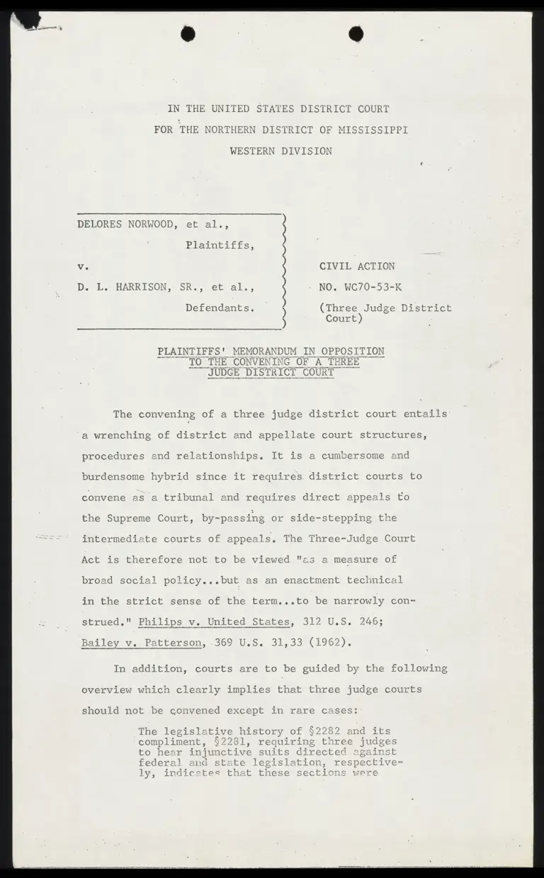 Plaintiffs' Memorandum in Opposition to the Convening of a Three Judge District Court preview