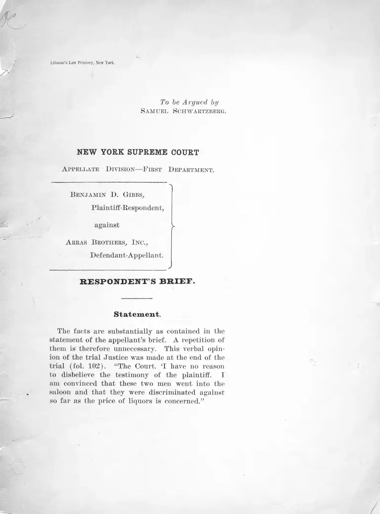 Gibbs v. Arras Brothers, Inc. Respondent's Brief in Support of Motion for Reargument preview